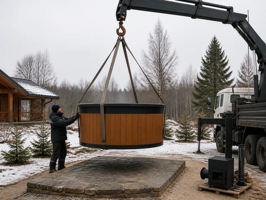 Доставка банного чана манипулятором на подготовленную площадку загородного участка